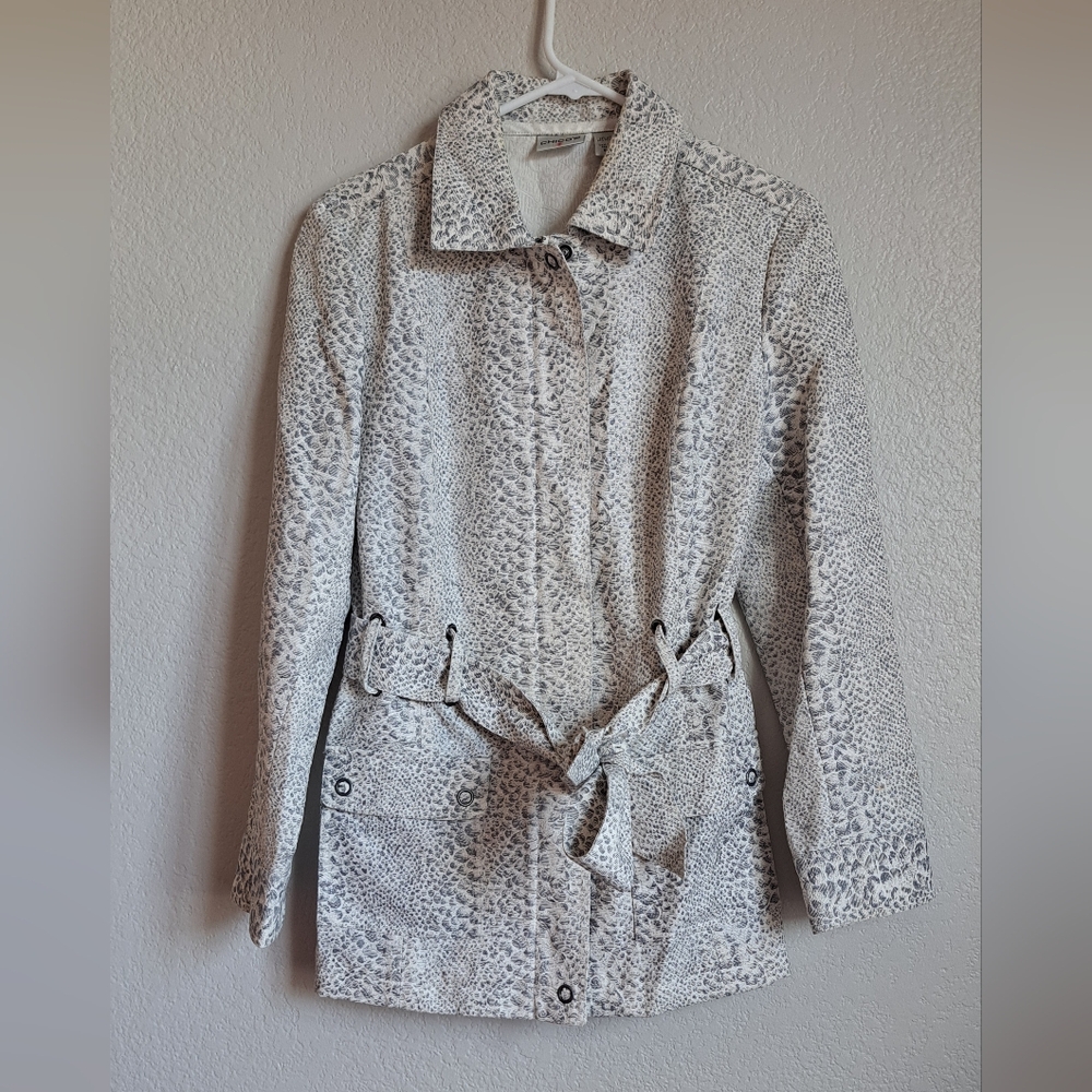 Chico's White Gray Metallic Snakeskin Print Zip-up Belted Jacket Size 1 Medium
